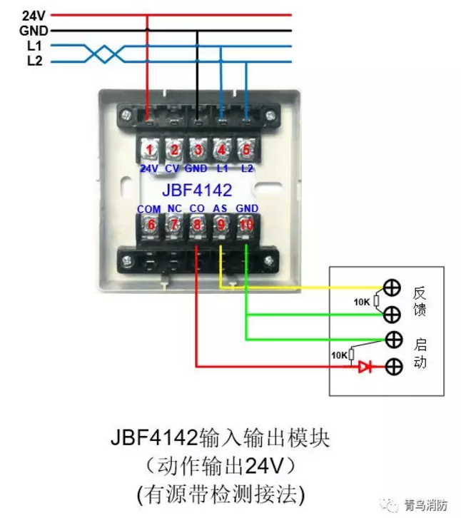 JBF4142輸入/輸出模塊動作輸出24V（有源有檢測）接線圖